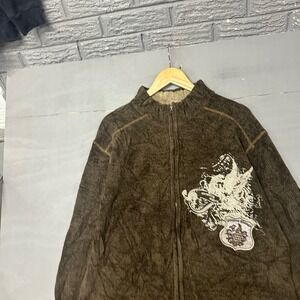 Maxini Mens 2XL Brown Chenille Full Zip Graphic Sweater Rampage 003 Reigns Y2K